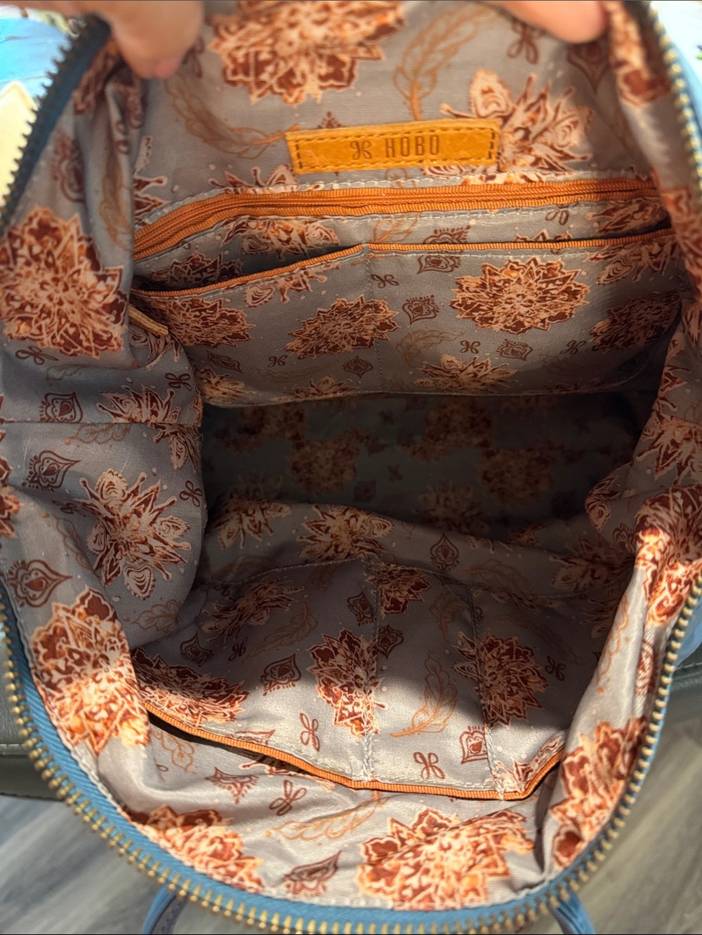HOBO Blue Leather Large Sheila Satchel with Floral Lining